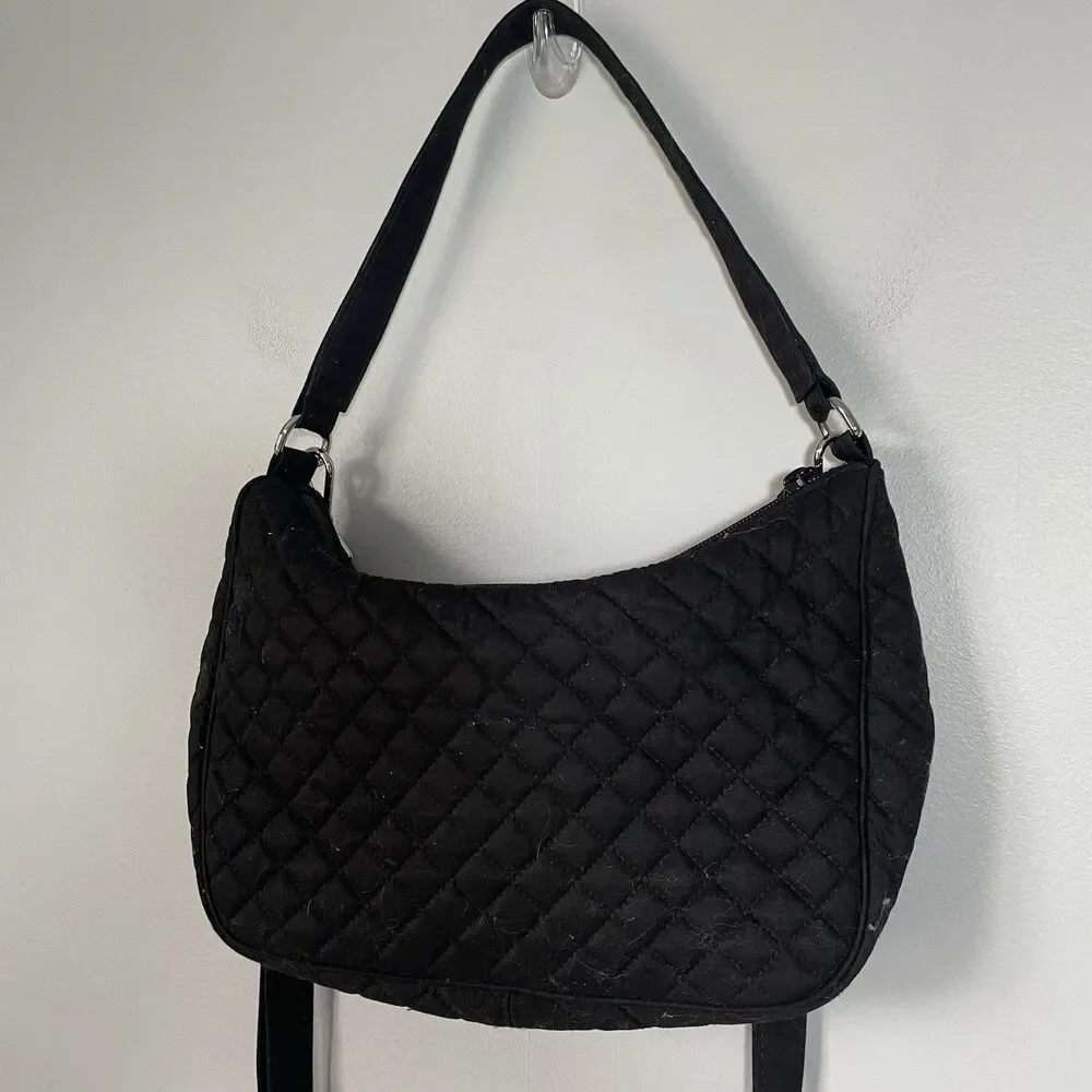 Vera Bradley Cotton Frannie Crescent Crossbody Quilted Shoulder Purse Black